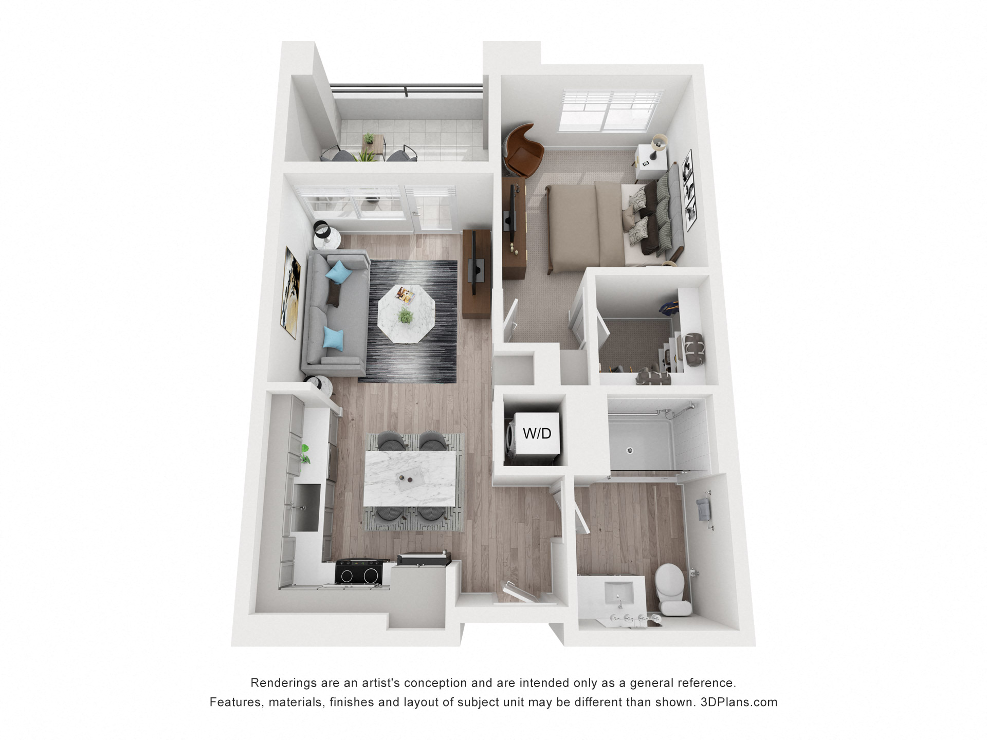 Floor plan for 1 bed, 1 bath, 605 sqft